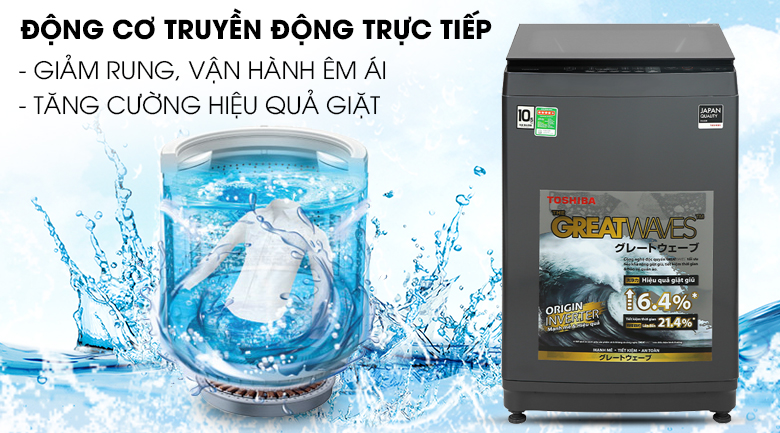 Máy giặt Toshiba Inverter 10,5 kg AW-DUK1150HV(MG) - Vận hành êm ái nhờ động cơ truyền động trực tiếp
