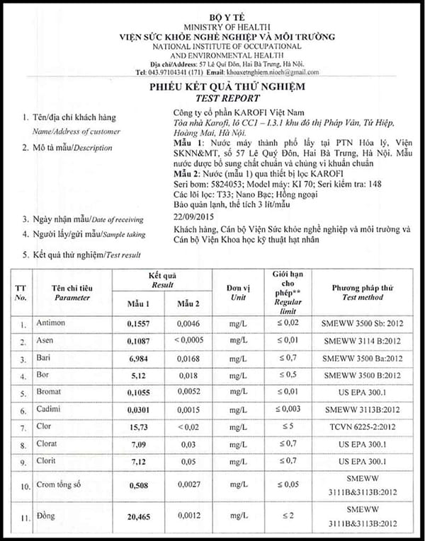 chứng nhận máy lọc nước Karofi K8I-1