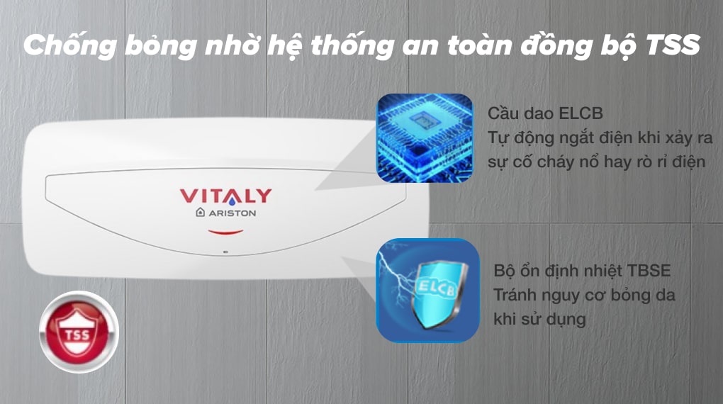 Máy nước nóng gián tiếp Ariston 20 lít 2500W VITALY 20 SLIM 2.5 FE - Hệ thống an toàn đồng bộ TSS